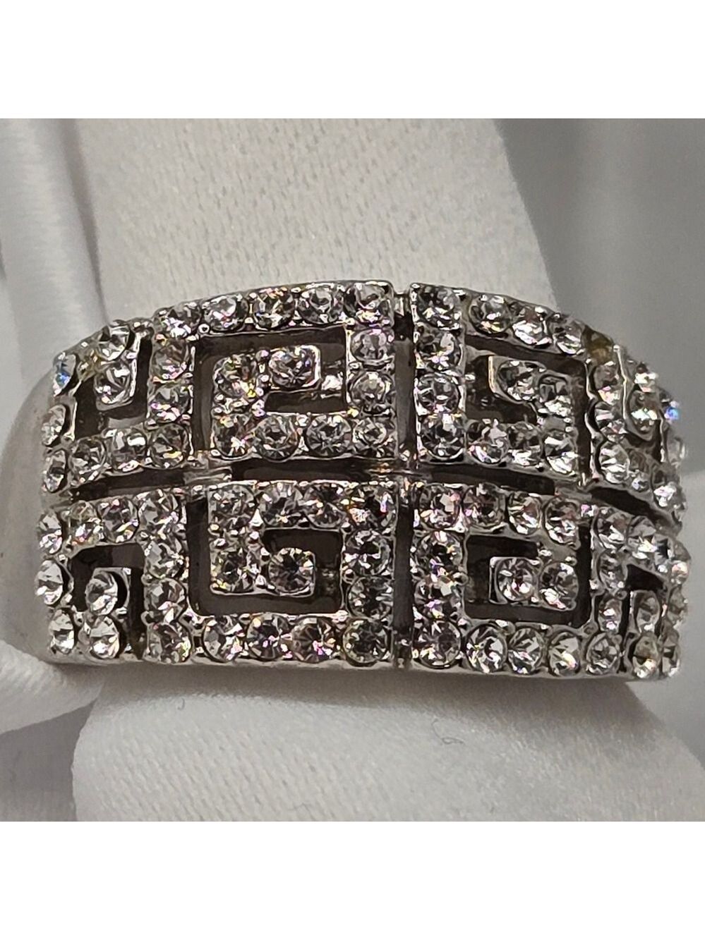 18k GP White Gold Greek Key Pattern Crystal Pave Silver Ring Size 8